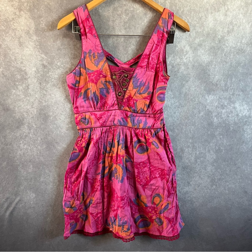 Free People Mini Dress Womens 4 Pink Floral Beaded V-Neck Crochet Trim Boho